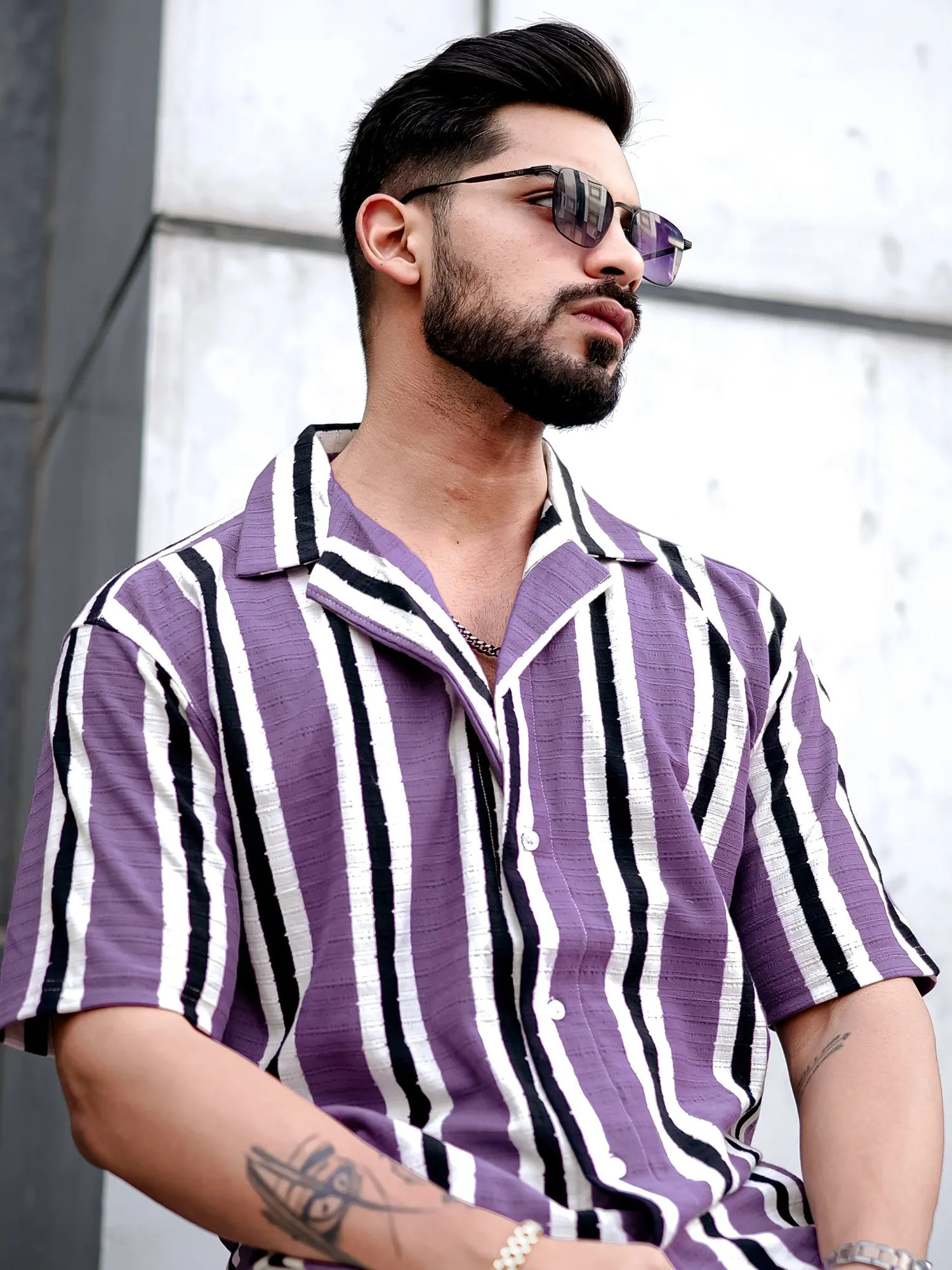 Vertical Jacquard Knit Purple Shirt