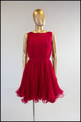 Vintage 1960s Cherry Red Chiffon Cocktail Dress