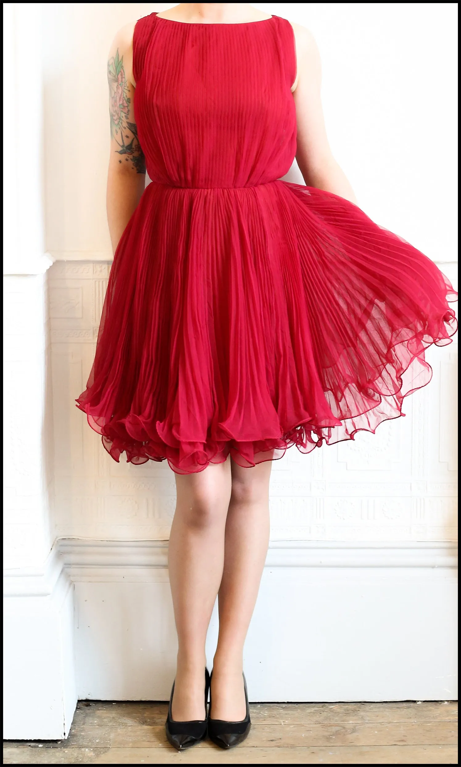 Vintage 1960s Cherry Red Chiffon Cocktail Dress