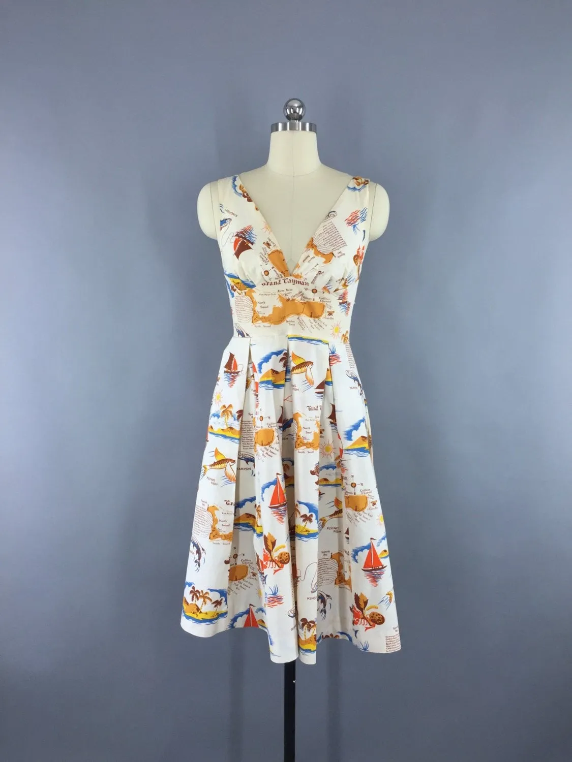 Vintage 1980s Dress / Cayman Islands Novelty Print Sundress