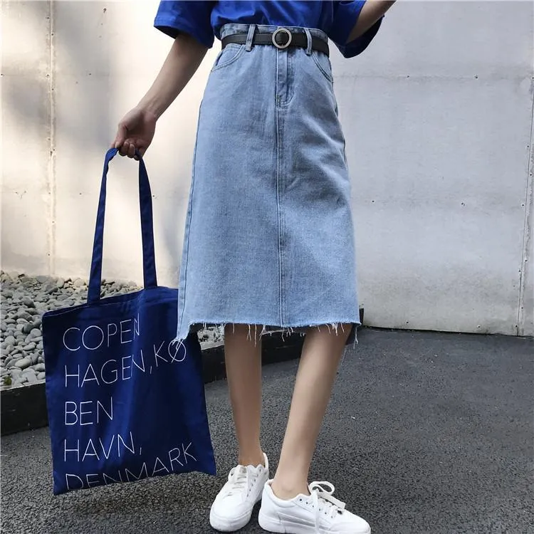 Vintage Blue Black Denim High Waist Ripped Midi Skirt