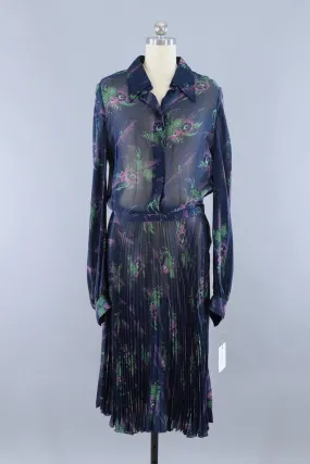 Vintage Navy Blue Georgette Novelty Print Dress