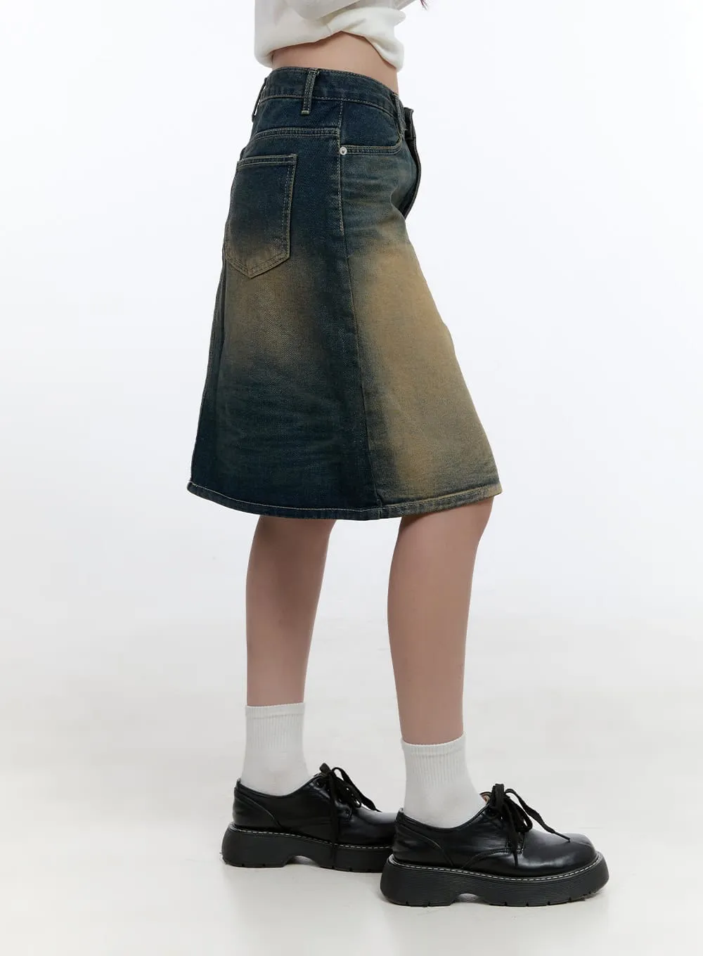 Vintage Wash Denim Midi Skirt CS406