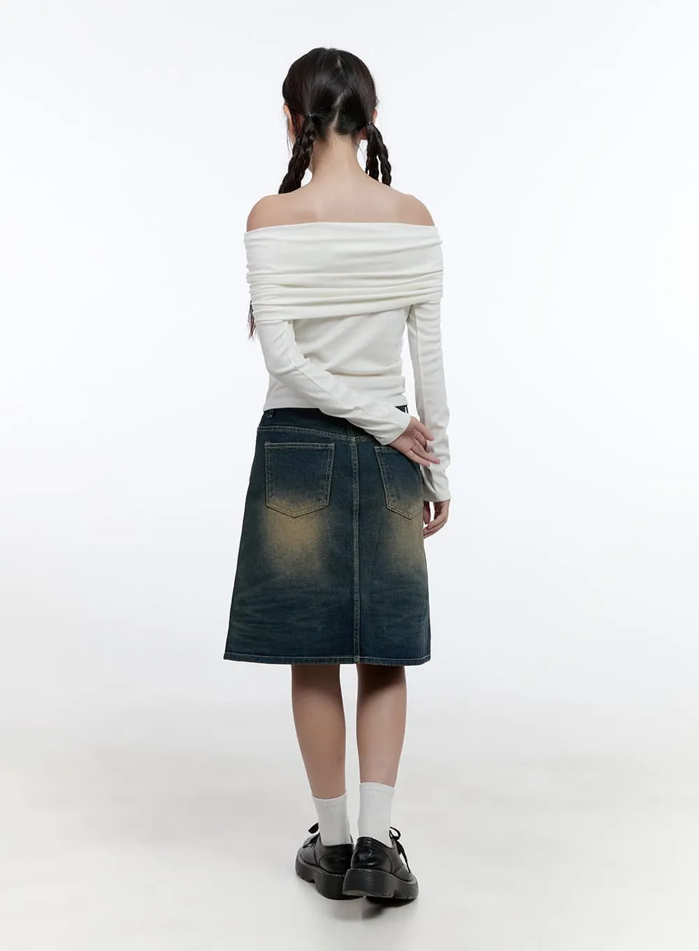 Vintage Wash Denim Midi Skirt CS406