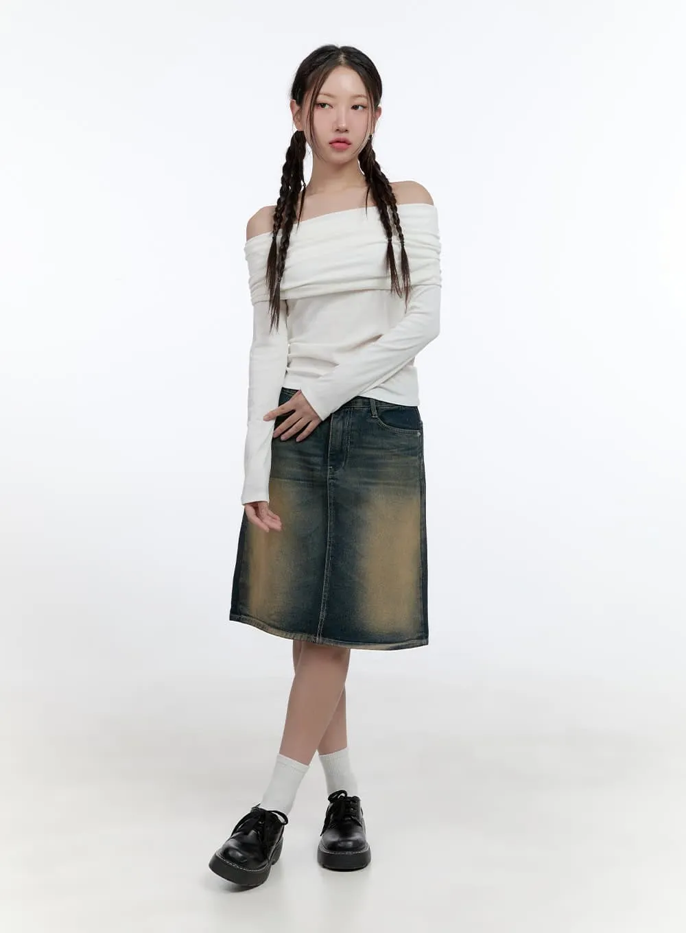 Vintage Wash Denim Midi Skirt CS406