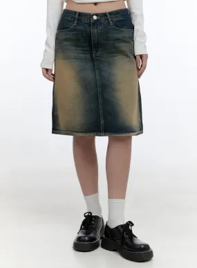 Vintage Wash Denim Midi Skirt CS406