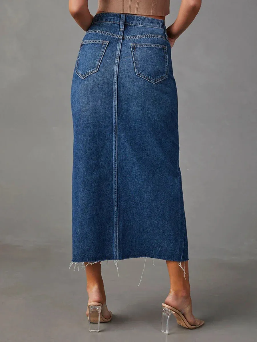 Waist Long Denim Elegant Slit Raw Hem A-Line Summer Casual Midi Jean with Pockets High Skirt