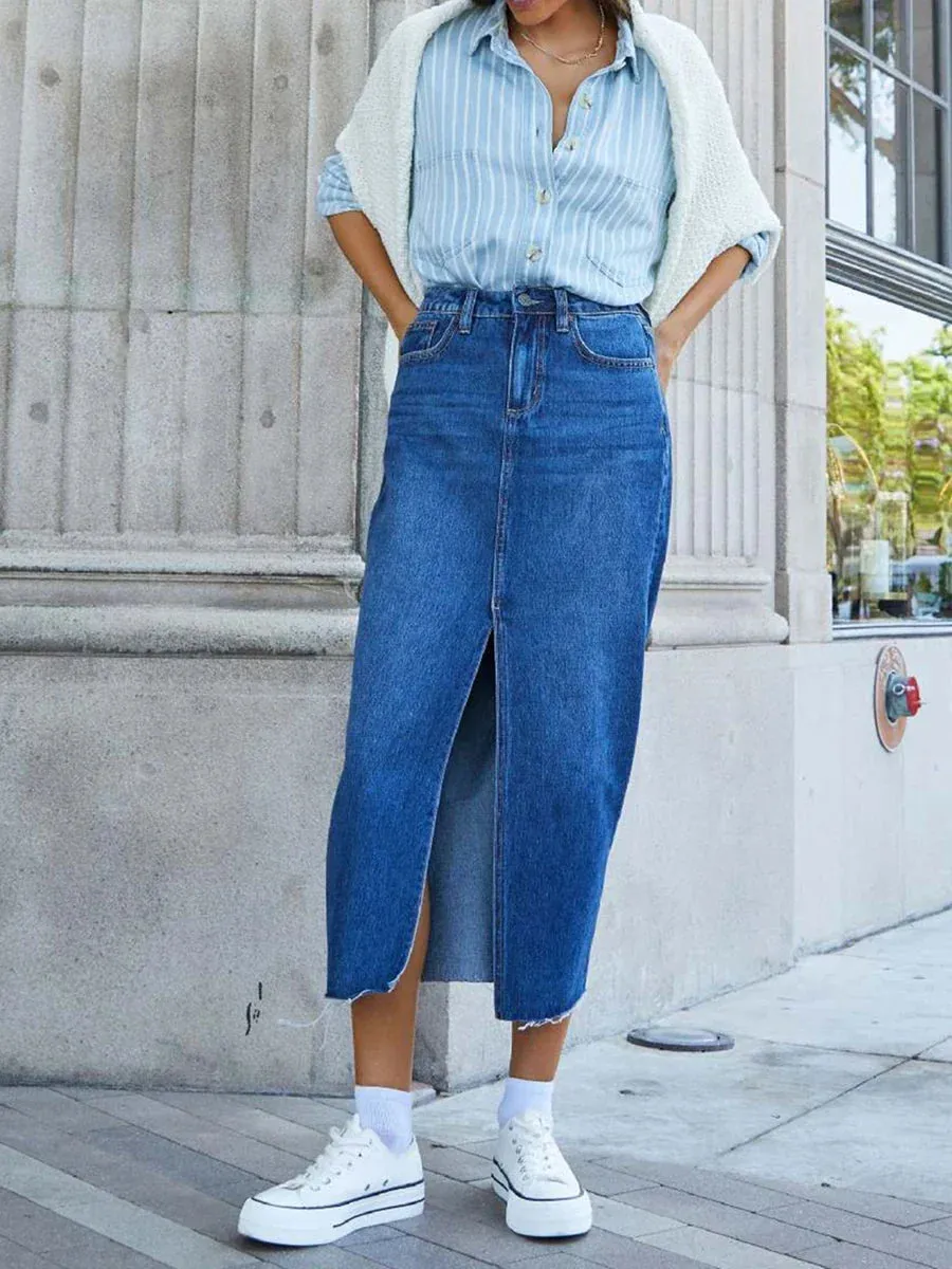 Waist Long Denim Elegant Slit Raw Hem A-Line Summer Casual Midi Jean with Pockets High Skirt