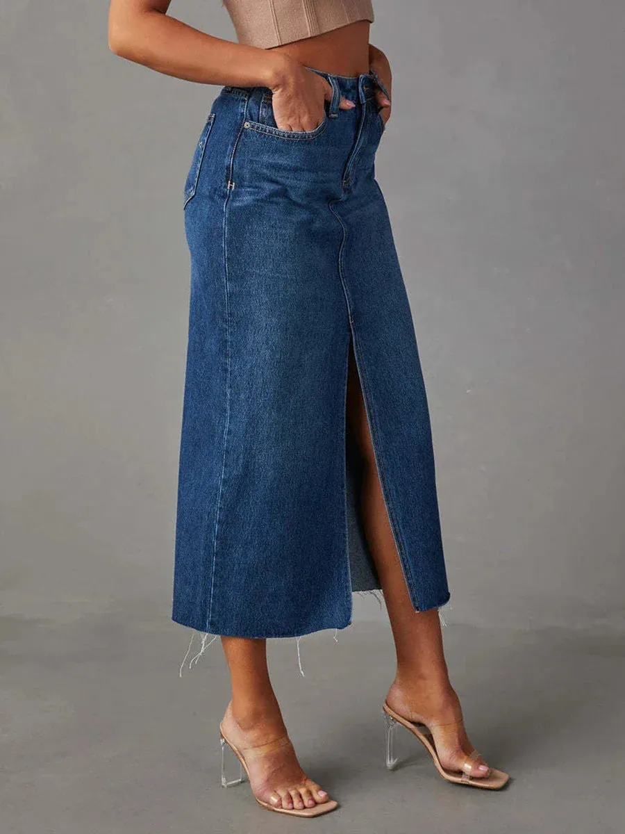 Waist Long Denim Elegant Slit Raw Hem A-Line Summer Casual Midi Jean with Pockets High Skirt