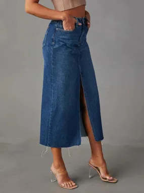 Waist Long Denim Elegant Slit Raw Hem A-Line Summer Casual Midi Jean with Pockets High Skirt