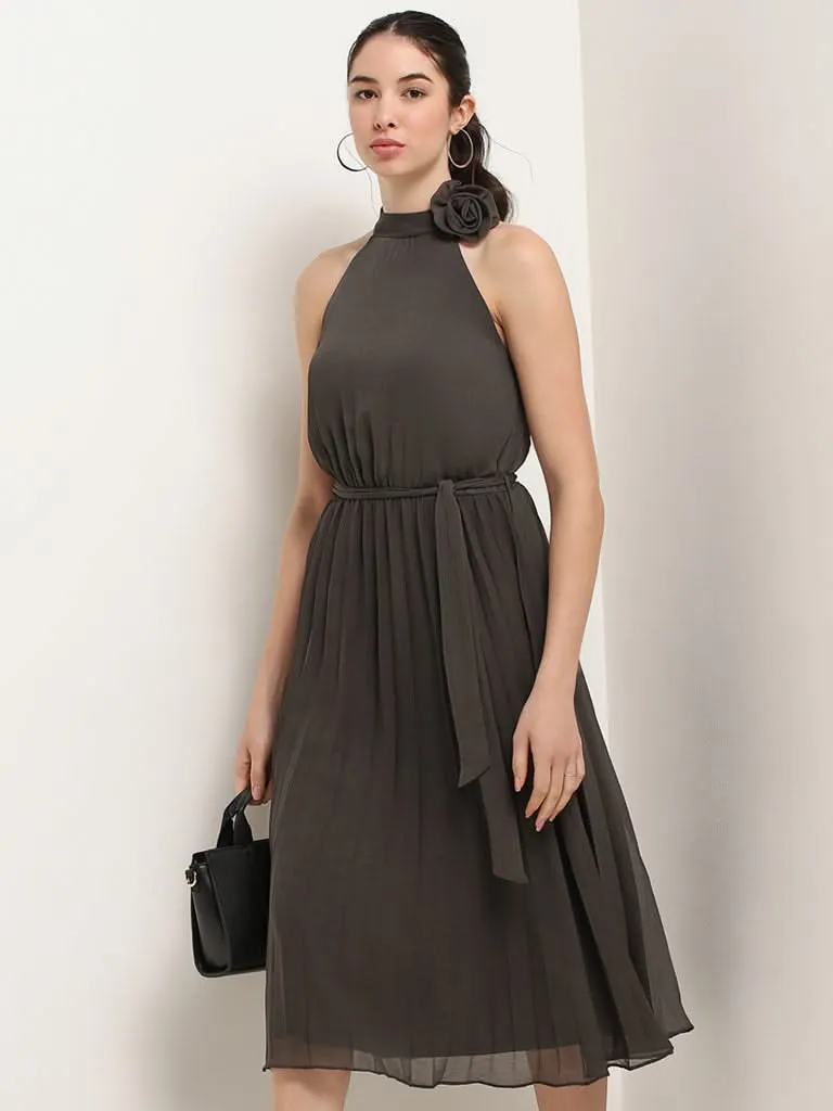 Wardrobe Grey Rosette Neckline Pleated Midi Dress