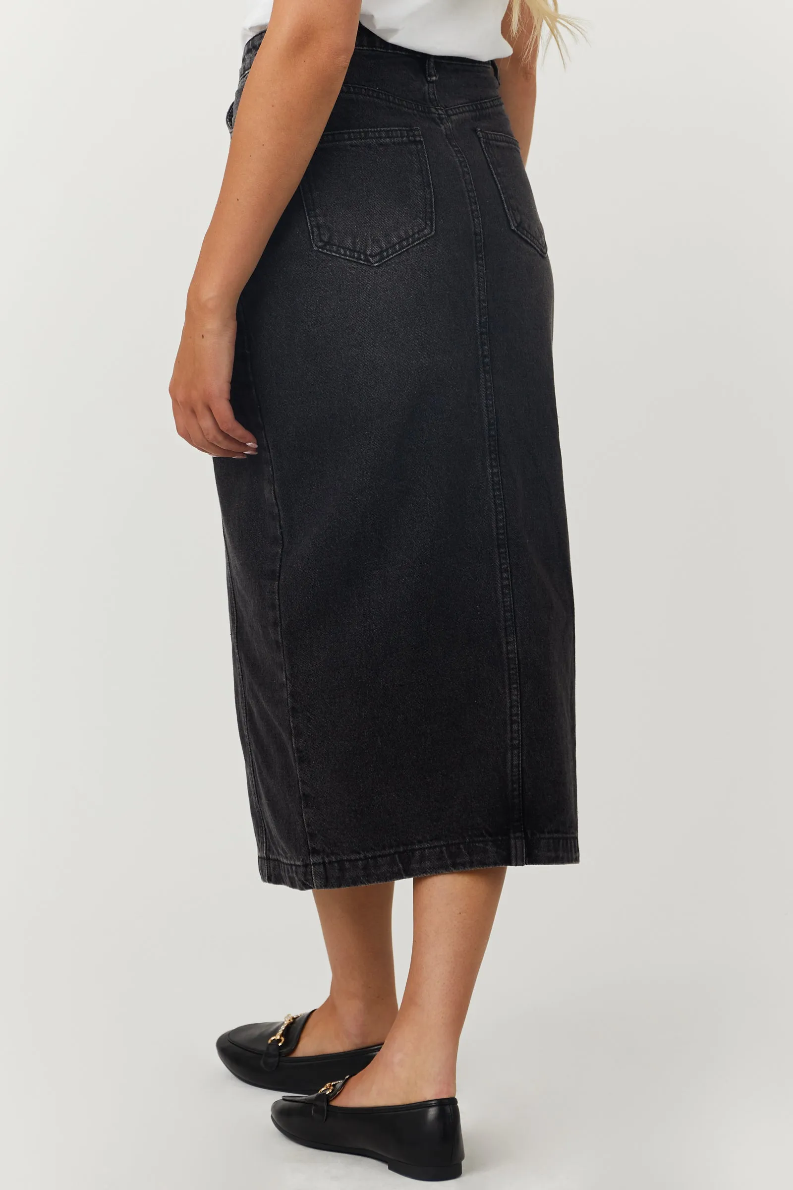 Washed Black Button Fly Denim Midi Skirt