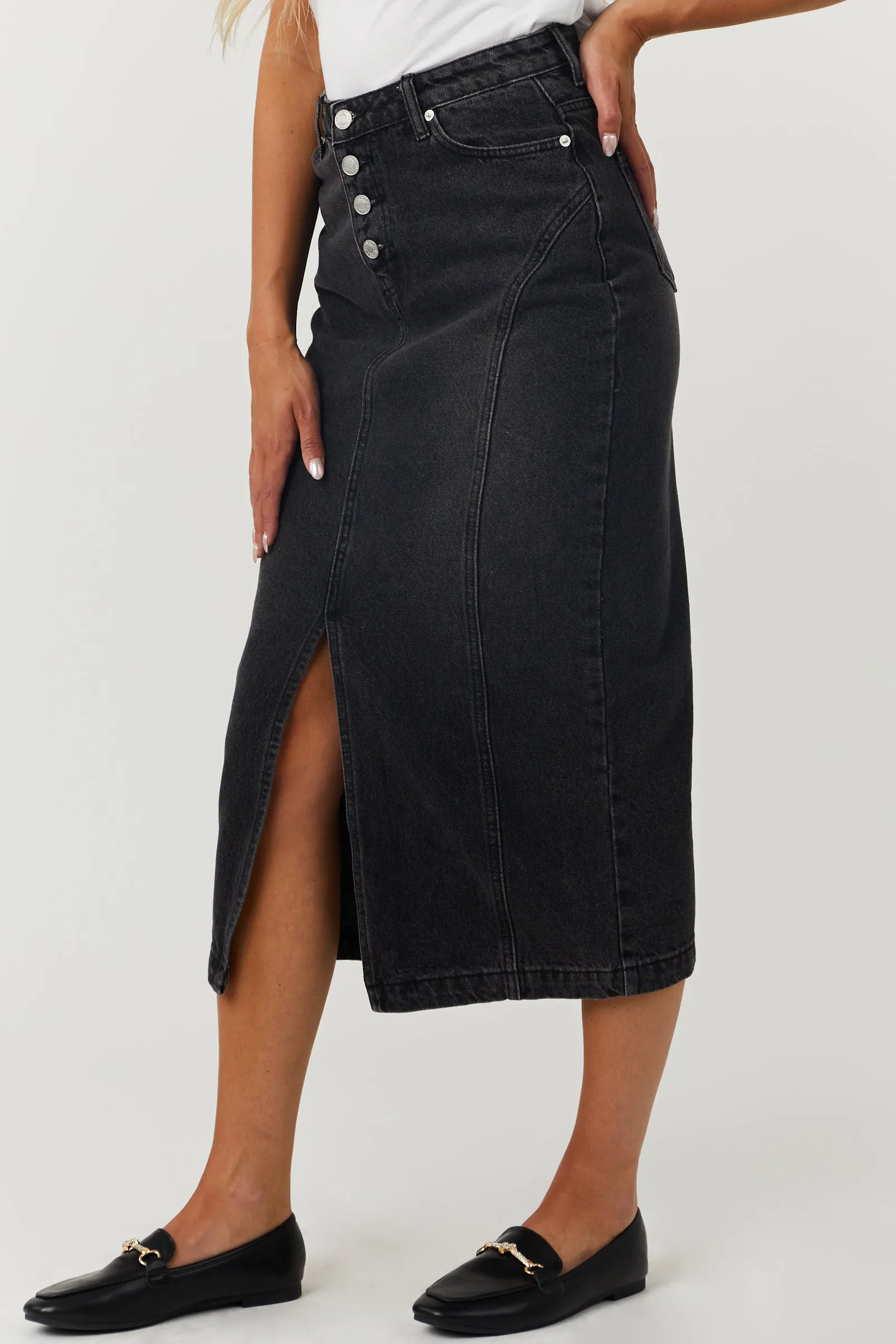 Washed Black Button Fly Denim Midi Skirt