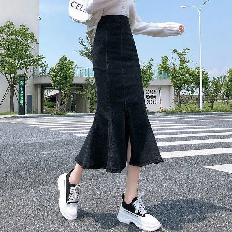 Wenkouban skirt outfits Summer High Waist Small Denim Skirt Women's Split Ruffled Stretch Slim Hip Skirt Mid-Length Fishtail Skirt