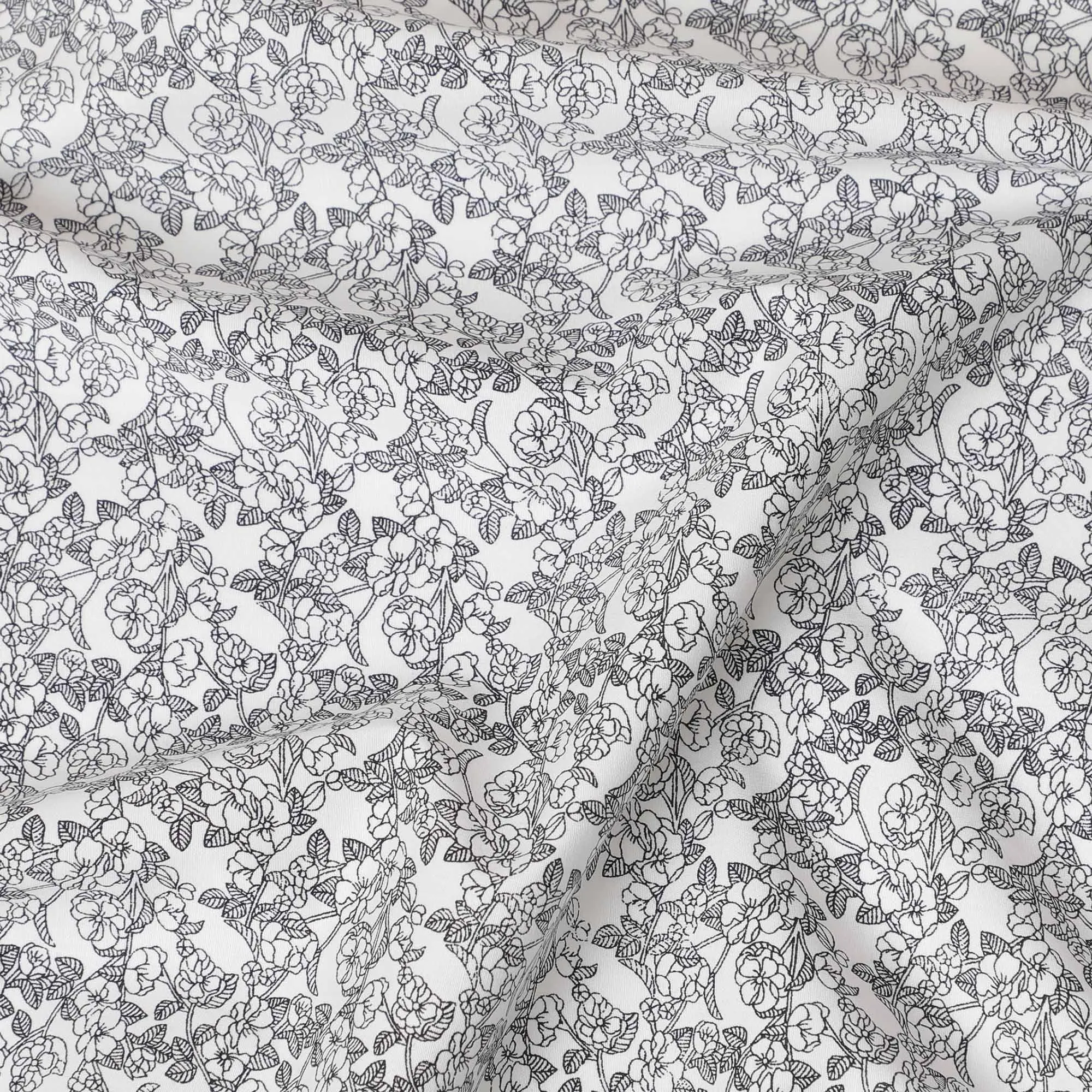 White cotton fabric with black print in floral design-D14845