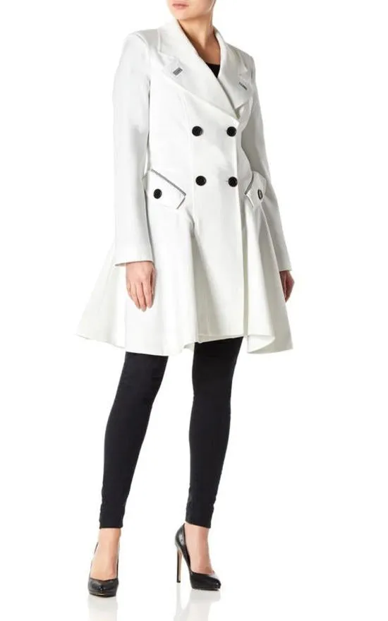 White Dogtooth Trim Double Breasted Flarey Mac Coat