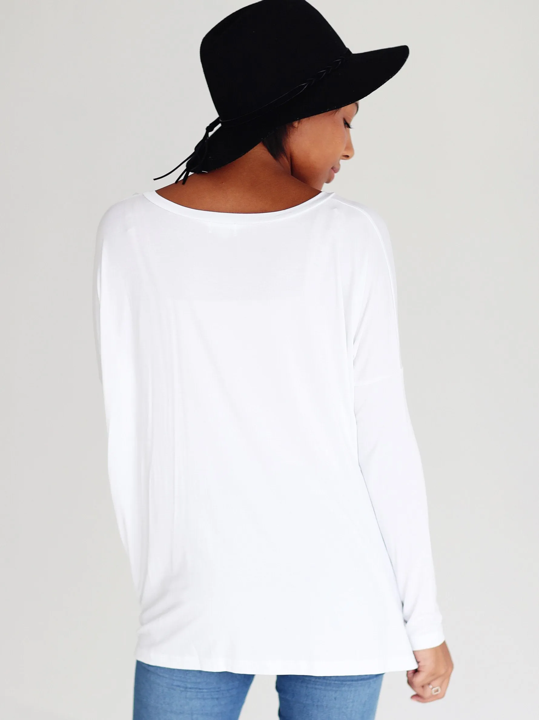 White V-Neck Long Sleeve Top