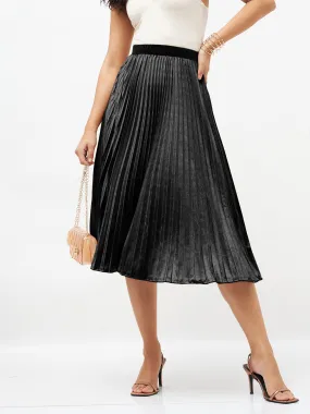 Women Black Velvet Pleated Skirt