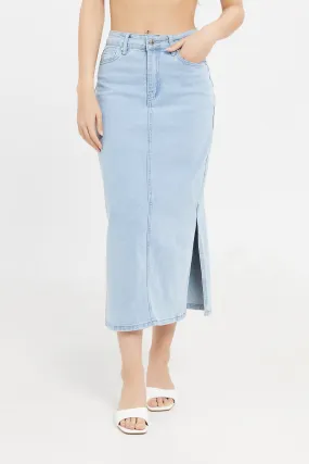 Women Blue Denim Midi Skirt