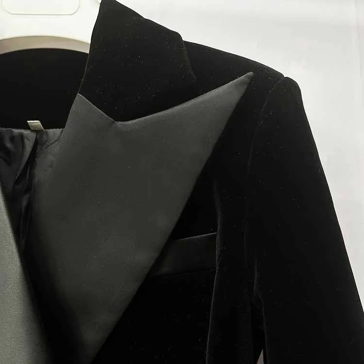 Women Double Breasted Black Velvet Long Blazer Dress Maxi Coat