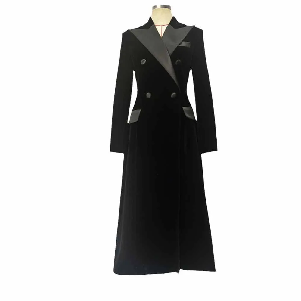 Women Double Breasted Black Velvet Long Blazer Dress Maxi Coat