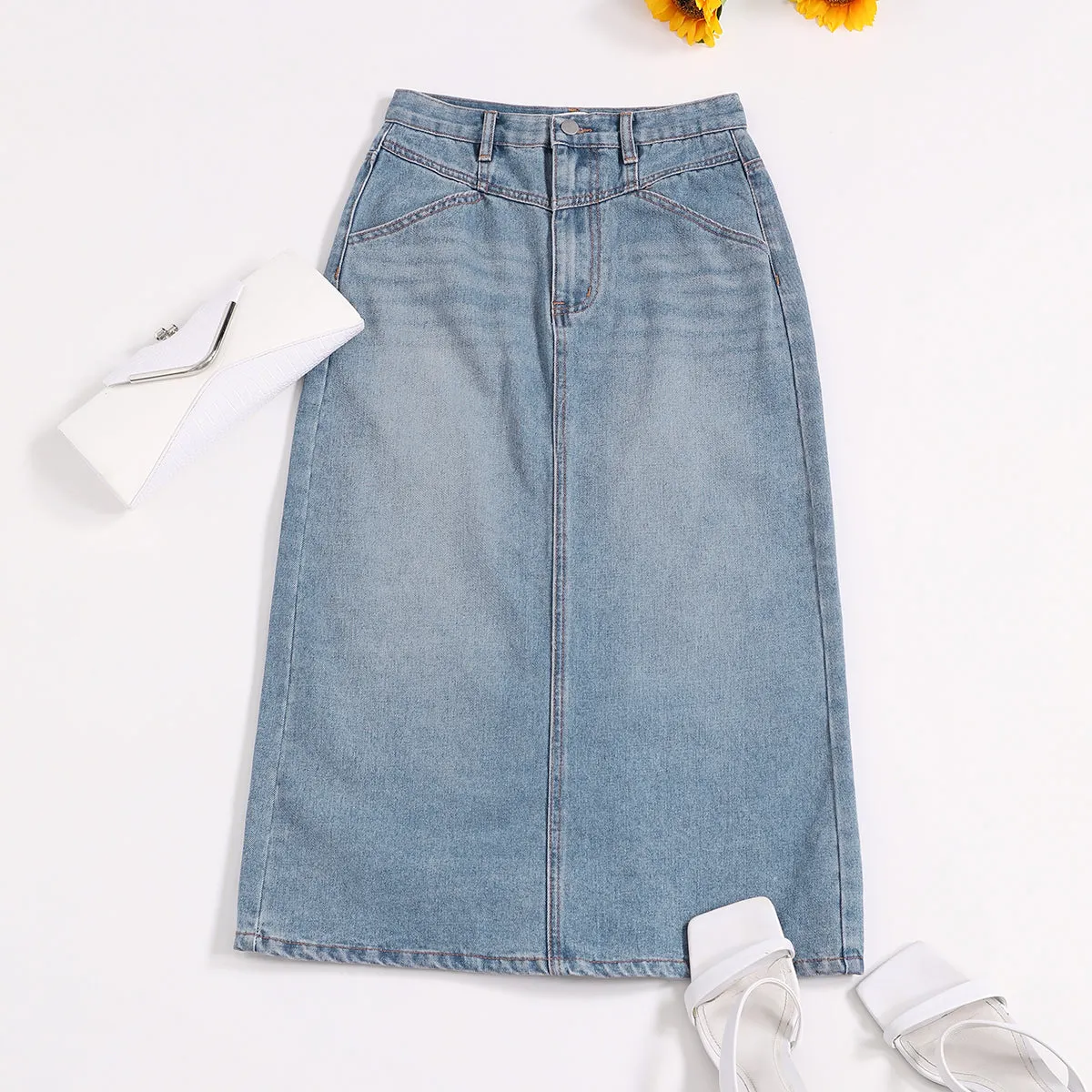 Women's Midi Plain Split Denim Skirt