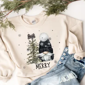 Women's Winter or Christmas Crewneck Sweatshirt Gift for Her Hand Drawn Gnome and Christmas Tree Merry Unisex Size Cozy Oversize Pullover