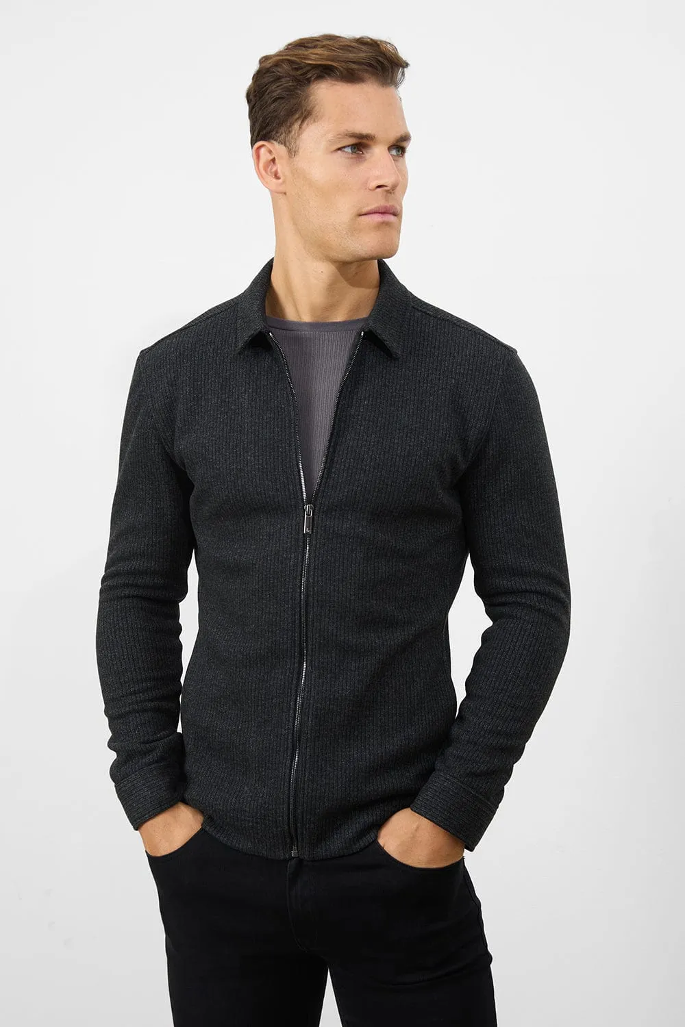 Zip Front Shacket in Dark Charcoal