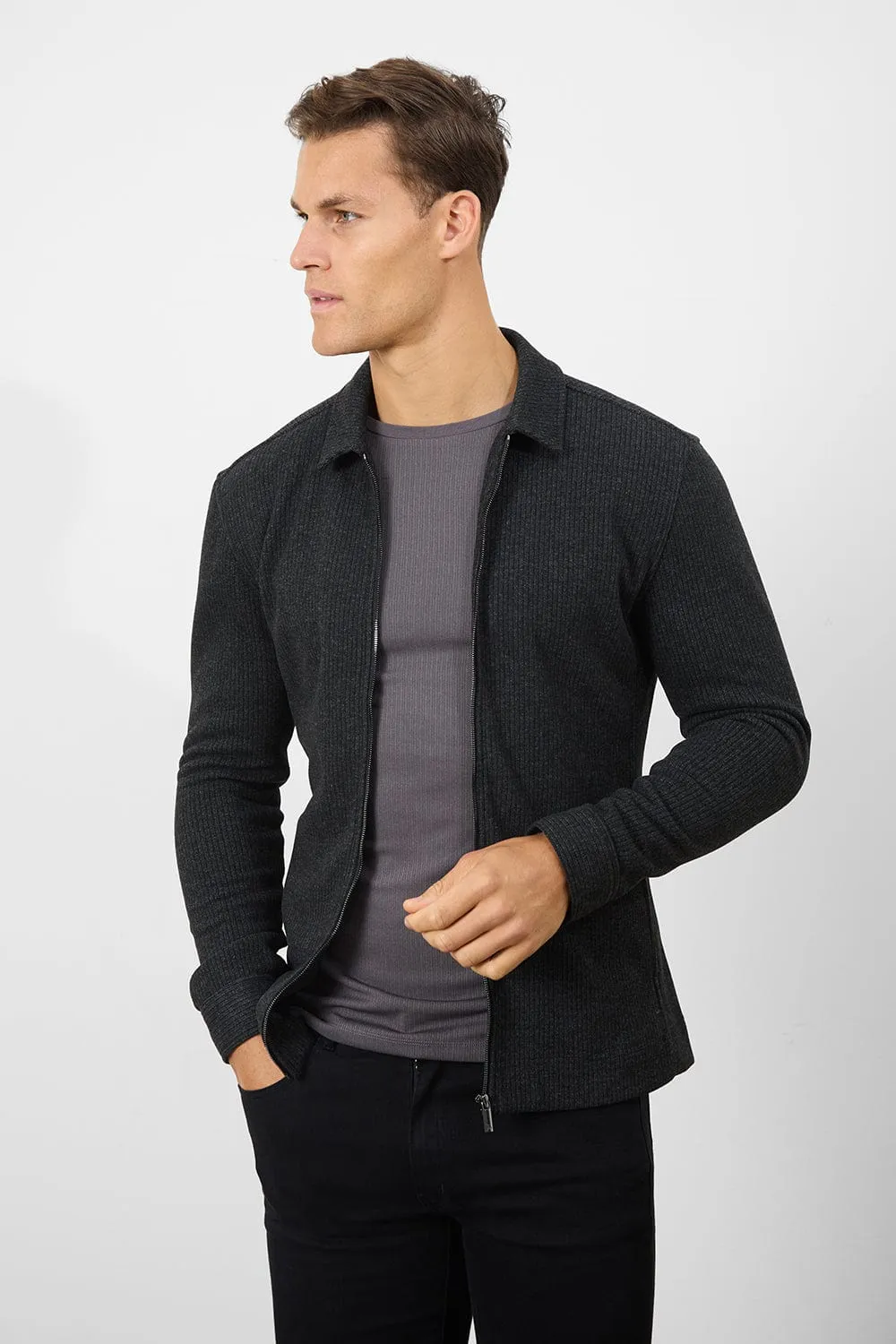 Zip Front Shacket in Dark Charcoal